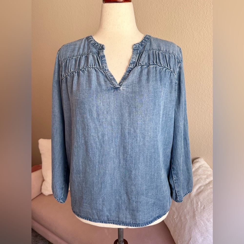 Splendid Tunic Top Blue Denim Chambray Women’s Sz L Peasant Prairie Coastal Boho